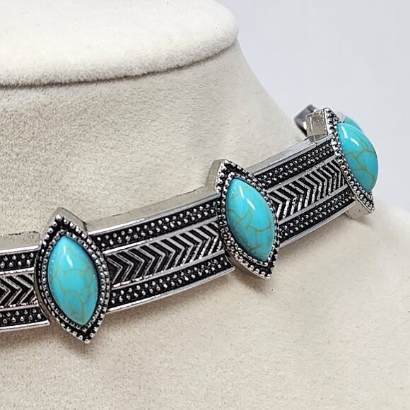 Boho Turquoise Marquise Silver Choker Necklace - Picture 5 of 8